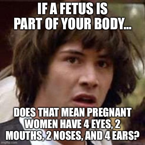 Whoa... | IF A FETUS IS PART OF YOUR BODY... DOES THAT MEAN PREGNANT WOMEN HAVE 4 EYES, 2 MOUTHS, 2 NOSES, AND 4 EARS? | image tagged in memes,conspiracy keanu,funny,politics | made w/ Imgflip meme maker