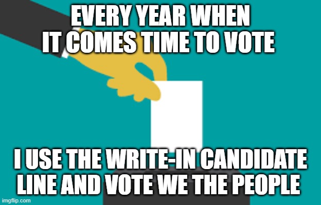 We The People | EVERY YEAR WHEN IT COMES TIME TO VOTE; I USE THE WRITE-IN CANDIDATE LINE AND VOTE WE THE PEOPLE | image tagged in voting,political meme | made w/ Imgflip meme maker