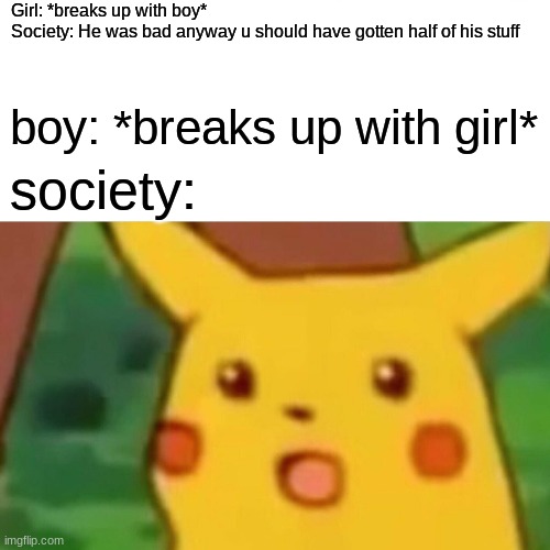 Surprised Pikachu Meme | Girl: *breaks up with boy*

Society: He was bad anyway u should have gotten half of his stuff; boy: *breaks up with girl*; society: | image tagged in memes,surprised pikachu | made w/ Imgflip meme maker