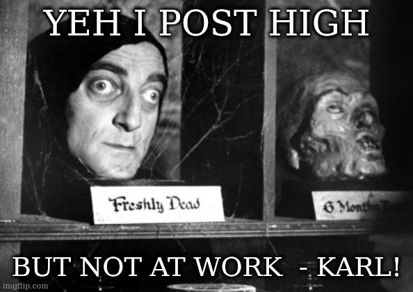 TRUE TREES HIGHNESS | YEH I POST HIGH; BUT NOT AT WORK  - KARL! | image tagged in freshly dead,i post high,cross-eyed,marty feldman | made w/ Imgflip meme maker