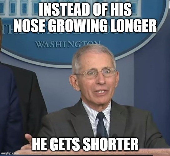Dr Fauci | INSTEAD OF HIS NOSE GROWING LONGER; HE GETS SHORTER | image tagged in dr fauci | made w/ Imgflip meme maker