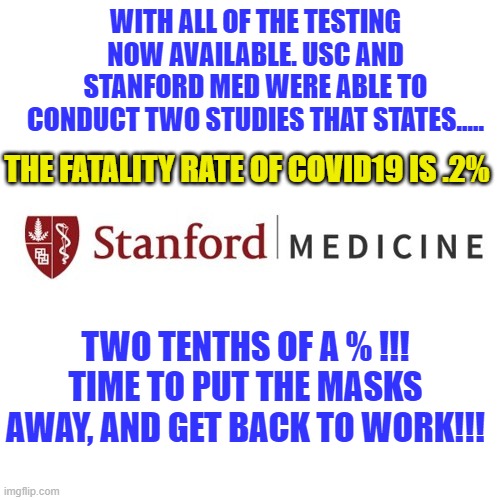 WITH ALL OF THE TESTING NOW AVAILABLE. USC AND STANFORD MED WERE ABLE TO CONDUCT TWO STUDIES THAT STATES..... THE FATALITY RATE OF COVID19 I | made w/ Imgflip meme maker