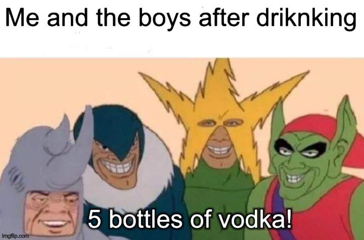 me and the boys | Me and the boys after driknking; 5 bottles of vodka! | image tagged in memes,me and the boys | made w/ Imgflip meme maker