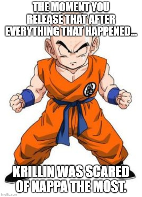 his number one fear is nappa?!?!?!? | THE MOMENT YOU RELEASE THAT AFTER EVERYTHING THAT HAPPENED... KRILLIN WAS SCARED OF NAPPA THE MOST. | image tagged in krillin time | made w/ Imgflip meme maker