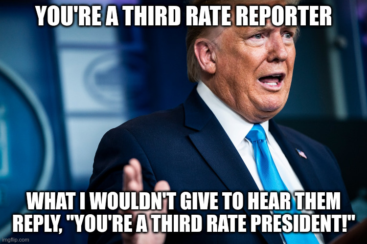 Instead they politely reply, "I'm reading your own words" | YOU'RE A THIRD RATE REPORTER; WHAT I WOULDN'T GIVE TO HEAR THEM REPLY, "YOU'RE A THIRD RATE PRESIDENT!" | image tagged in trump,humor,third rate president,covid-19 | made w/ Imgflip meme maker