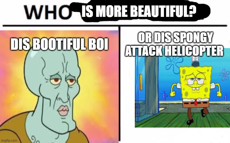 IS MORE BEAUTIFUL? DIS BOOTIFUL BOI; OR DIS SPONGY ATTACK HELICOPTER | image tagged in memes | made w/ Imgflip meme maker