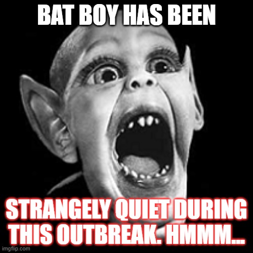 bb | BAT BOY HAS BEEN; STRANGELY QUIET DURING THIS OUTBREAK. HMMM... | image tagged in batboy,funny | made w/ Imgflip meme maker