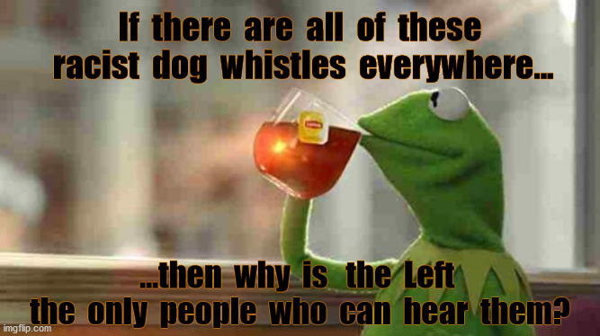 Who Are The Real Racists Anyway? | If  there  are  all  of  these  racist  dog  whistles  everywhere... ...then  why  is   the  Left  the  only  people  who  can  hear  them? | image tagged in kermit sipping tea | made w/ Imgflip meme maker