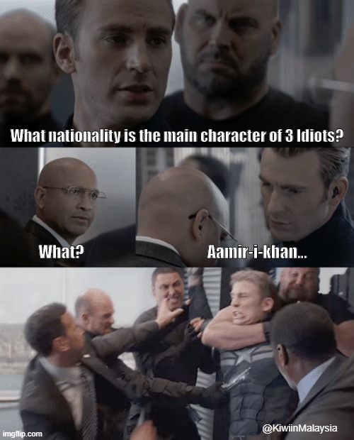 Aamir-i-khan | What nationality is the main character of 3 Idiots? Aamir-i-khan... What? @KiwiinMalaysia | image tagged in captain america elevator,aamir khan,nationality,joke | made w/ Imgflip meme maker