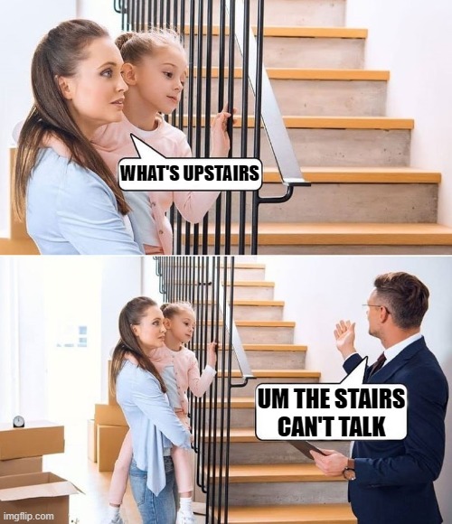 Talkin chillin | WHAT'S UPSTAIRS; UM THE STAIRS CAN'T TALK | image tagged in talkup,funny,memes,talking shit,kids,sell out | made w/ Imgflip meme maker