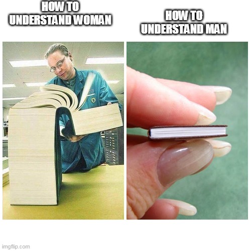 how to understand woman vs man | HOW TO UNDERSTAND WOMAN; HOW TO UNDERSTAND MAN | image tagged in big book vs little book,how to understand woman | made w/ Imgflip meme maker