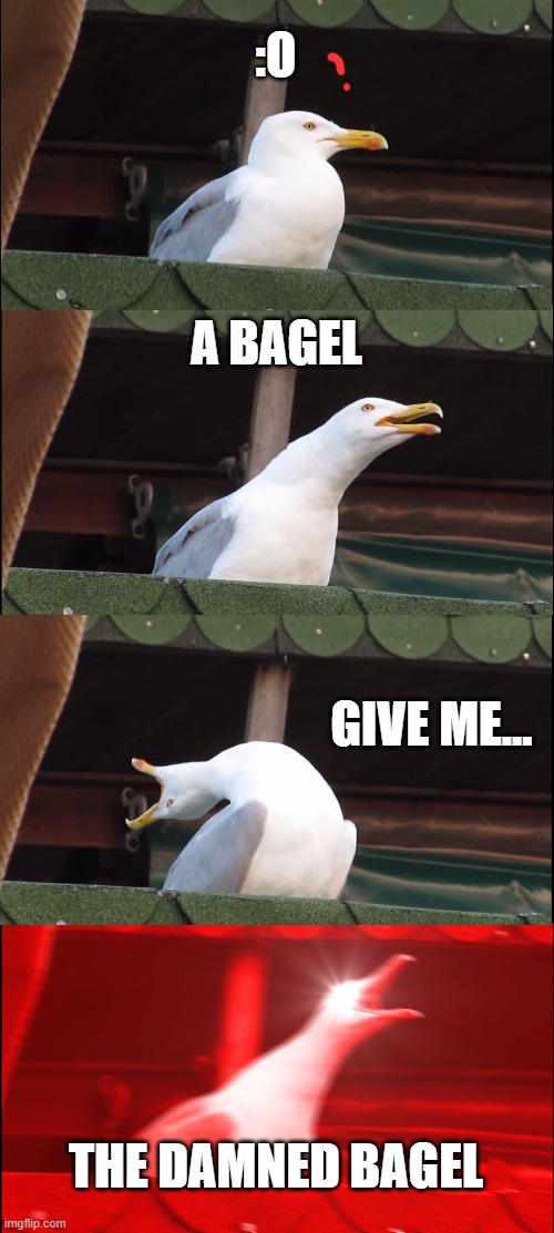 when you dont get your way | :O; A BAGEL; GIVE ME... THE DAMNED BAGEL | image tagged in memes,inhaling seagull | made w/ Imgflip meme maker