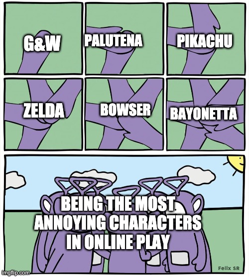 Pretty Annoying | PALUTENA; G&W; PIKACHU; BOWSER; ZELDA; BAYONETTA; BEING THE MOST ANNOYING CHARACTERS IN ONLINE PLAY | image tagged in teletubbies in a circle | made w/ Imgflip meme maker