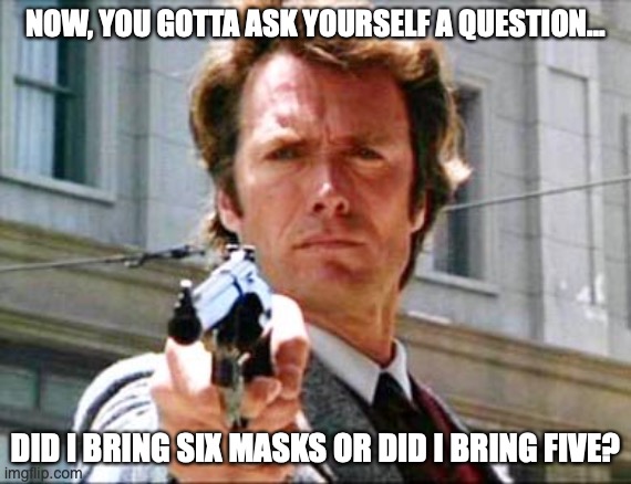 Dirty Harry masks | NOW, YOU GOTTA ASK YOURSELF A QUESTION... DID I BRING SIX MASKS OR DID I BRING FIVE? | image tagged in dirty harry | made w/ Imgflip meme maker