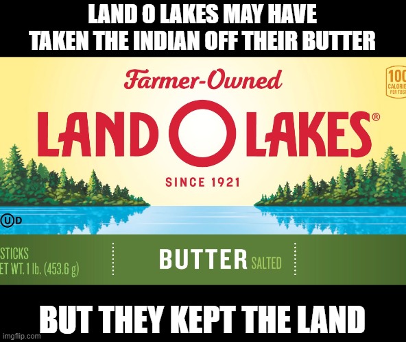 Meh...another fail | LAND O LAKES MAY HAVE TAKEN THE INDIAN OFF THEIR BUTTER; BUT THEY KEPT THE LAND | image tagged in land o lakes,politics,political memes | made w/ Imgflip meme maker