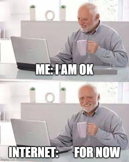 internet during quarantine | ME: I AM OK; INTERNET:       FOR NOW | image tagged in memes,hide the pain harold | made w/ Imgflip meme maker