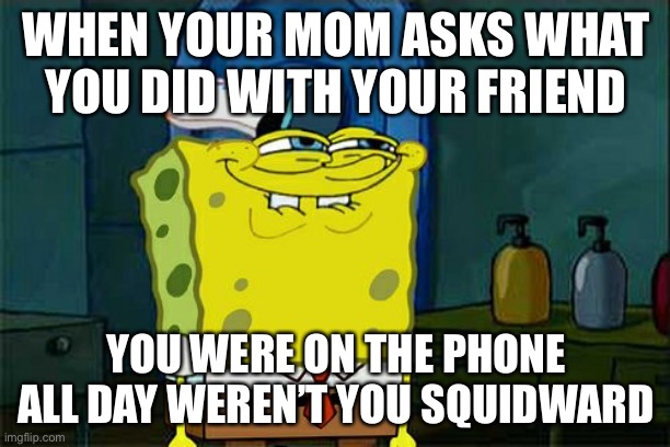 Don't You Squidward | WHEN YOUR MOM ASKS WHAT YOU DID WITH YOUR FRIEND; YOU WERE ON THE PHONE ALL DAY WEREN’T YOU SQUIDWARD | image tagged in memes,don't you squidward | made w/ Imgflip meme maker
