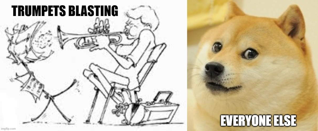 TRUMPETS BLASTING; EVERYONE ELSE | image tagged in memes,doge | made w/ Imgflip meme maker