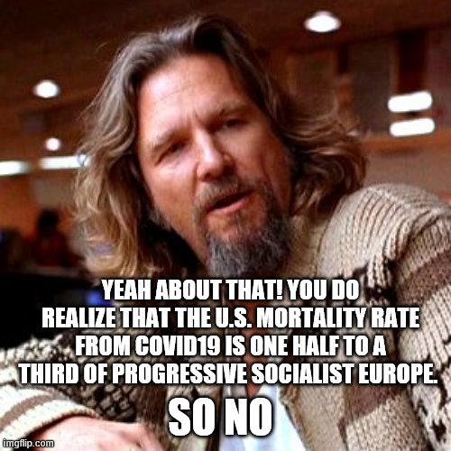Confused Lebowski Meme | SO NO YEAH ABOUT THAT! YOU DO REALIZE THAT THE U.S. MORTALITY RATE FROM COVID19 IS ONE HALF TO A THIRD OF PROGRESSIVE SOCIALIST EUROPE. | image tagged in memes,confused lebowski | made w/ Imgflip meme maker