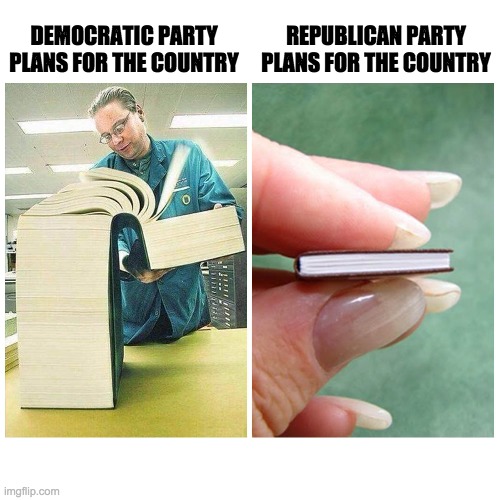 2020 Elections | REPUBLICAN PARTY PLANS FOR THE COUNTRY; DEMOCRATIC PARTY PLANS FOR THE COUNTRY | image tagged in big book vs little book,donald trump,joe biden,memes,funny,fun | made w/ Imgflip meme maker