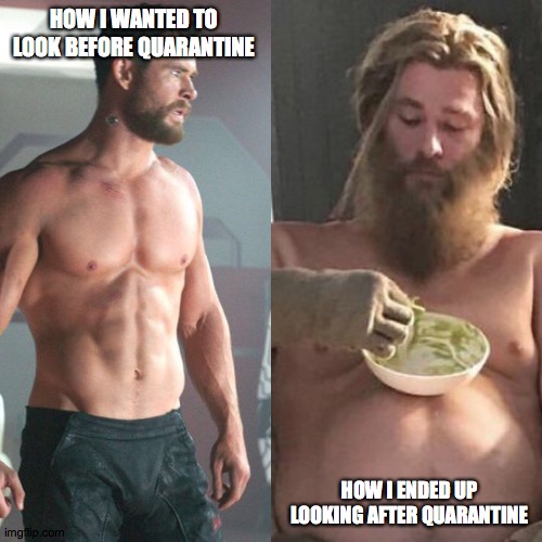 Thor can fat Thor | HOW I WANTED TO LOOK BEFORE QUARANTINE; HOW I ENDED UP LOOKING AFTER QUARANTINE | image tagged in thor can fat thor | made w/ Imgflip meme maker