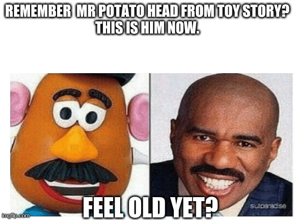 Feel Old Yet? | REMEMBER  MR POTATO HEAD FROM TOY STORY?
THIS IS HIM NOW. FEEL OLD YET? | image tagged in steve harvey,mr potato head,toy story,memes,funny | made w/ Imgflip meme maker