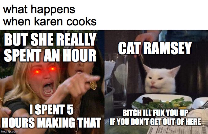 Woman Yelling At Cat Meme | what happens when karen cooks; BUT SHE REALLY SPENT AN HOUR; CAT RAMSEY; I SPENT 5 HOURS MAKING THAT; BITCH ILL FUK YOU UP IF YOU DON'T GET OUT OF HERE | image tagged in memes,woman yelling at cat | made w/ Imgflip meme maker