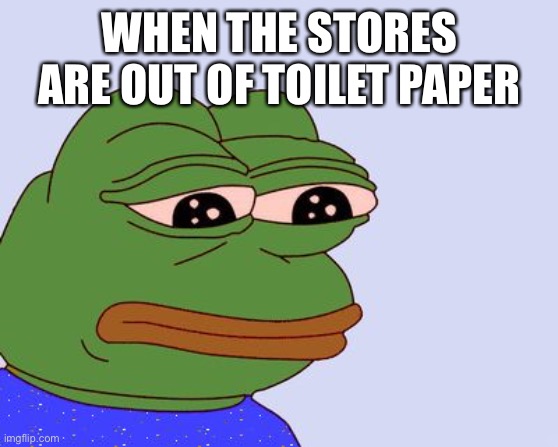 Sad life | WHEN THE STORES ARE OUT OF TOILET PAPER | image tagged in pepe the frog | made w/ Imgflip meme maker