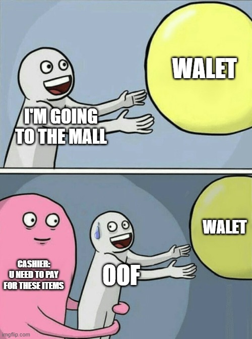 Running Away Balloon Meme | WALET; I'M GOING TO THE MALL; WALET; CASHIER: U NEED TO PAY FOR THESE ITEMS; OOF | image tagged in memes,running away balloon | made w/ Imgflip meme maker