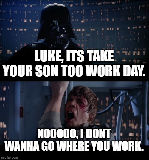 Star Wars No Meme | LUKE, ITS TAKE YOUR SON TOO WORK DAY. NOOOOO, I DONT WANNA GO WHERE YOU WORK. | image tagged in memes,star wars no | made w/ Imgflip meme maker