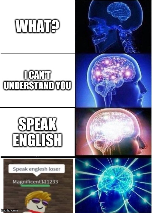 Listen to him | WHAT? I CAN'T UNDERSTAND YOU; SPEAK ENGLISH | image tagged in memes,expanding brain | made w/ Imgflip meme maker