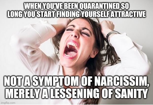 Frustration | WHEN YOU'VE BEEN QUARANTINED SO LONG YOU START FINDING YOURSELF ATTRACTIVE; NOT A SYMPTOM OF NARCISSIM, MERELY A LESSENING OF SANITY | image tagged in quarantine | made w/ Imgflip meme maker