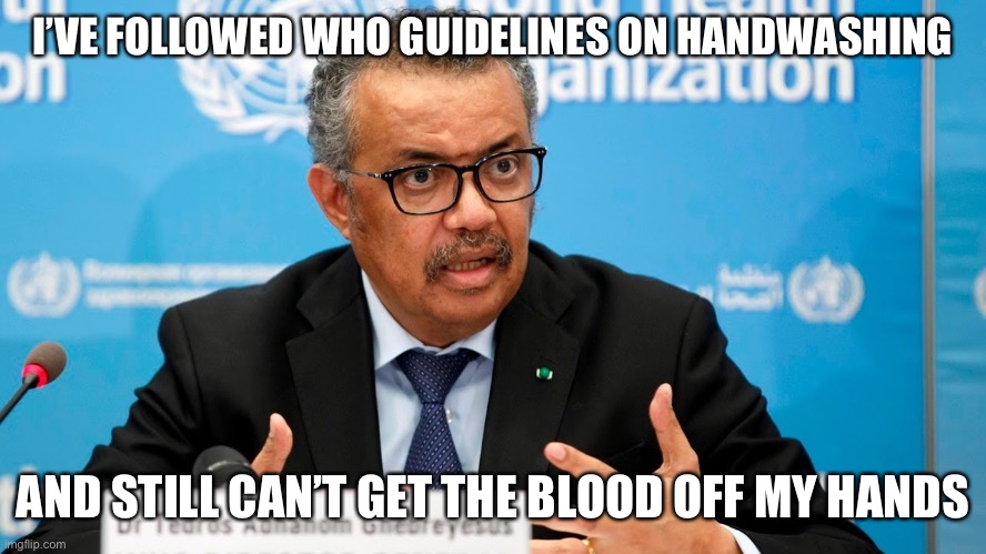 Tedros explains | I’VE FOLLOWED WHO GUIDELINES ON HANDWASHING; AND STILL CAN’T GET THE BLOOD OFF MY HANDS | image tagged in damage control tedros | made w/ Imgflip meme maker