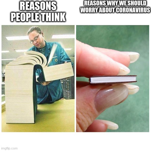 Big book vs Little Book | REASONS WHY WE SHOULD WORRY ABOUT CORONAVIRUS; REASONS PEOPLE THINK | image tagged in big book vs little book | made w/ Imgflip meme maker