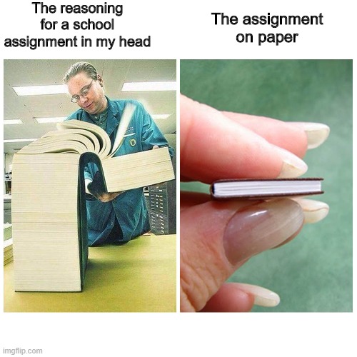 Big book vs Little Book | The reasoning for a school assignment in my head; The assignment on paper | image tagged in big book vs little book | made w/ Imgflip meme maker