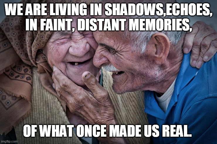 Old Couple | WE ARE LIVING IN SHADOWS,ECHOES, IN FAINT, DISTANT MEMORIES, OF WHAT ONCE MADE US REAL. | image tagged in old couple | made w/ Imgflip meme maker