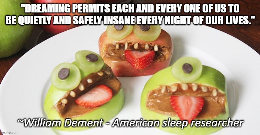 Sleep Insanity | "DREAMING PERMITS EACH AND EVERY ONE OF US TO BE QUIETLY AND SAFELY INSANE EVERY NIGHT OF OUR LIVES."; ~William Dement - American sleep researcher | image tagged in insane,crazy,monster,sleep,dreams,funny | made w/ Imgflip meme maker
