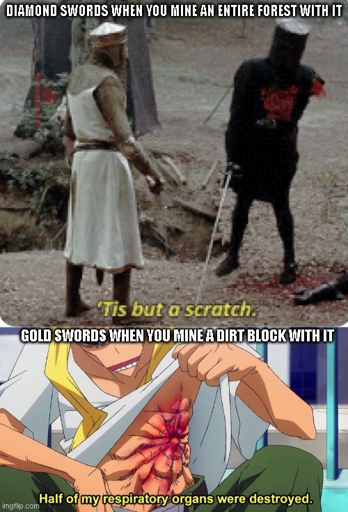 Gold swords are weak | DIAMOND SWORDS WHEN YOU MINE AN ENTIRE FOREST WITH IT; GOLD SWORDS WHEN YOU MINE A DIRT BLOCK WITH IT | image tagged in half of my respiratory organs were destroyed,tis but a scratch | made w/ Imgflip meme maker