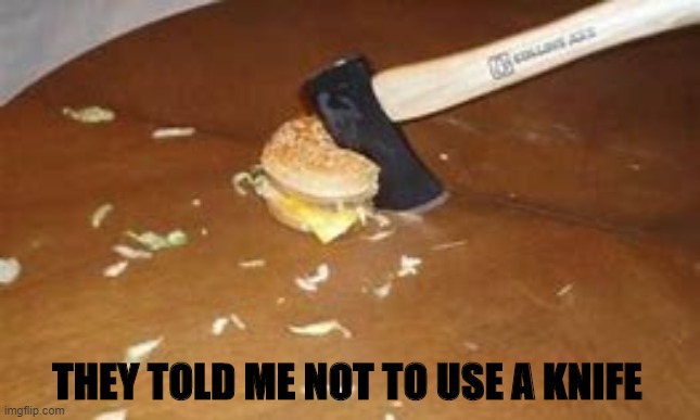 borger | THEY TOLD ME NOT TO USE A KNIFE | image tagged in borger | made w/ Imgflip meme maker