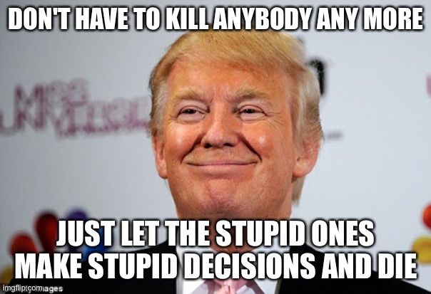 Donald trump approves | DON'T HAVE TO KILL ANYBODY ANY MORE JUST LET THE STUPID ONES MAKE STUPID DECISIONS AND DIE | image tagged in donald trump approves | made w/ Imgflip meme maker