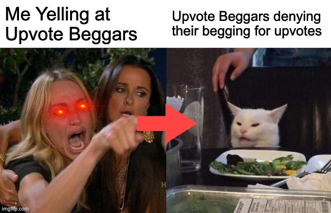 It's worse when they lie | Me Yelling at Upvote Beggars; Upvote Beggars denying their begging for upvotes | image tagged in memes,woman yelling at cat | made w/ Imgflip meme maker