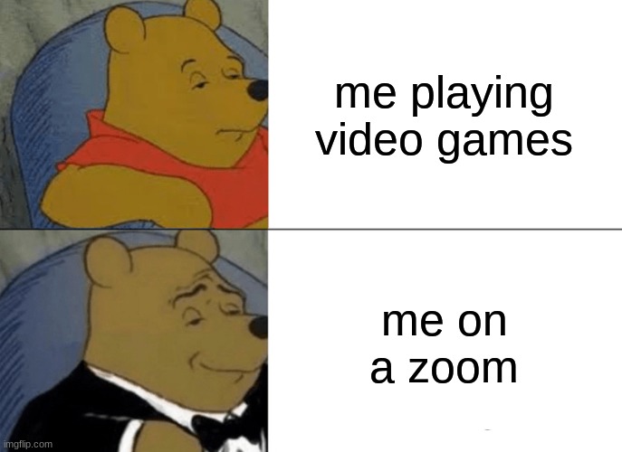 no title | me playing video games; me on a zoom | image tagged in memes,tuxedo winnie the pooh | made w/ Imgflip meme maker