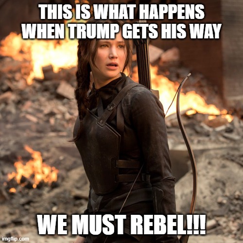 Katniss Mockingjay | THIS IS WHAT HAPPENS WHEN TRUMP GETS HIS WAY; WE MUST REBEL!!! | image tagged in katniss mockingjay | made w/ Imgflip meme maker