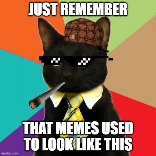 Business Cat |  JUST REMEMBER; THAT MEMES USED TO LOOK LIKE THIS | image tagged in memes,business cat | made w/ Imgflip meme maker