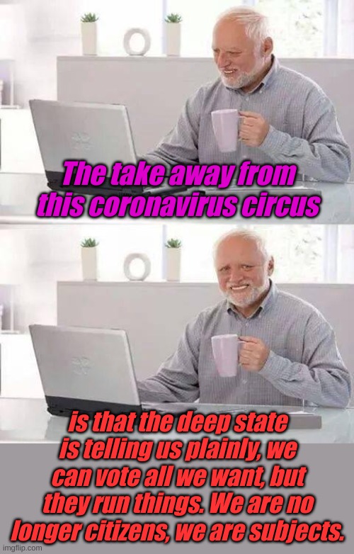 Oooh, this virus is so bad it will kill 2.2 million free citizens, but if you give up all of your freedom it will only kill..... | The take away from this coronavirus circus; is that the deep state is telling us plainly, we can vote all we want, but they run things. We are no longer citizens, we are subjects. | image tagged in memes,hide the pain harold | made w/ Imgflip meme maker