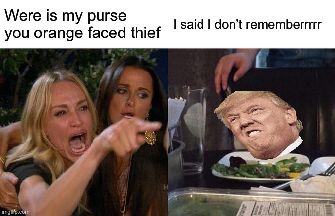 Woman Yelling At Cat Meme | Were is my purse you orange faced thief; I said I don’t rememberrrrr | image tagged in memes,woman yelling at cat | made w/ Imgflip meme maker