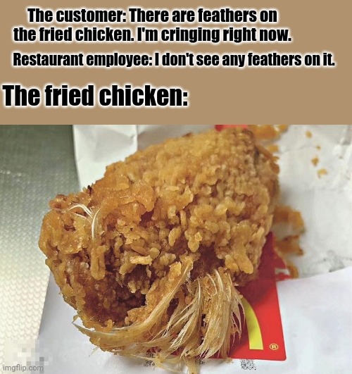 Fried chicken | The customer: There are feathers on the fried chicken. I'm cringing right now. Restaurant employee: I don't see any feathers on it. The fried chicken: | image tagged in mcdonalds,mcdonald's,funny,fried chicken,feathers,memes | made w/ Imgflip meme maker