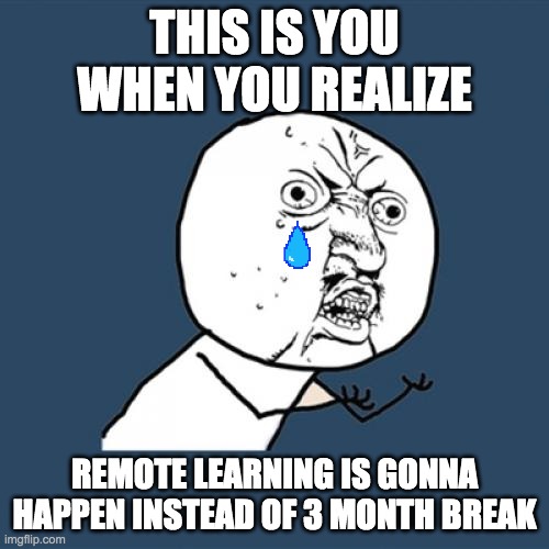 Y U No | THIS IS YOU WHEN YOU REALIZE; REMOTE LEARNING IS GONNA HAPPEN INSTEAD OF 3 MONTH BREAK | image tagged in memes,y u no | made w/ Imgflip meme maker