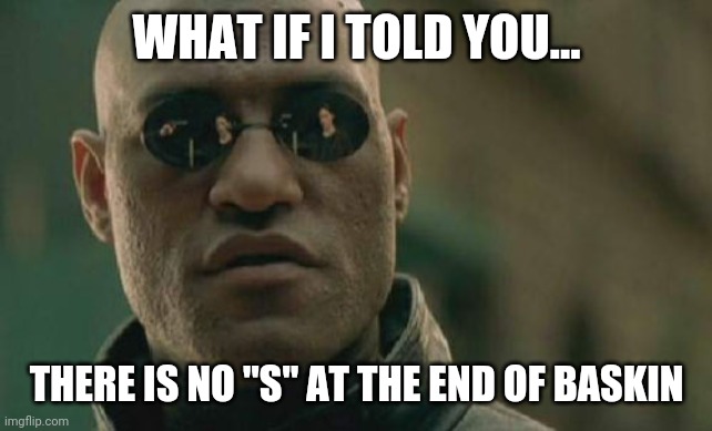 Matrix Morpheus Meme | WHAT IF I TOLD YOU... THERE IS NO "S" AT THE END OF BASKIN | image tagged in memes,matrix morpheus | made w/ Imgflip meme maker