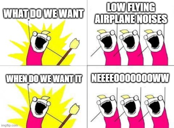 What Do We Want | WHAT DO WE WANT; LOW FLYING AIRPLANE NOISES; NEEEEOOOOOOOWW; WHEN DO WE WANT IT | image tagged in memes,what do we want | made w/ Imgflip meme maker